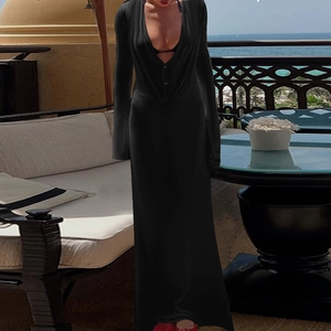 Deep V Neck Maxi Dress Long Sleeve Ruched Sexy Sheer Mesh Polyester Spandex Elegant Party Evening Women