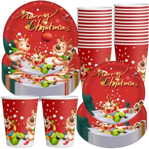 Christmas Reindeer Disposable Tableware Red Paper Plates Cups Red Plastic Knives Forks Spoons Festive Party Tableware