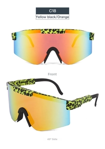 Detail view of model C18 sports sunglasses with leopard print frames and orange lenses