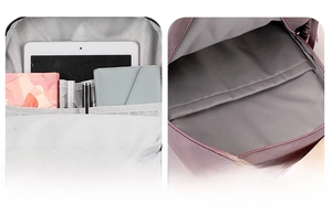 Detailed interior of the backpack showing multi-layer pockets and 15-inch laptop slot