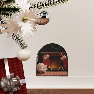 3D Christmas mouse hole wall sticker featuring stockings and a cozy fireplace scene