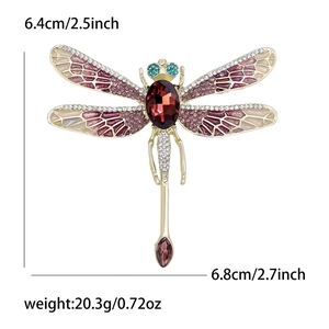 Dragonfly brooch pin with colorful rhinestones in gold alloy finish with dimensions