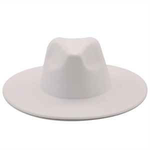 Close-up of the white wool felt fedora hat texture and flat brim detail on white background