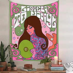 Detail showing retro psychedelic tapestry with Listen to Vinyl art hanging on wall
