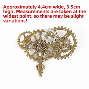 Detailed macro view showing mechanical gear steampunk brooch dimensions at 4.4cm by 3.5cm