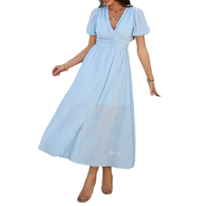 Elegantes blaues Midi-Kleid mit V-Ausschnitt, Puffärmeln, Knopfleiste und vertikalen Streifen
