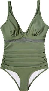 Detail view of olive green one-piece swimsuit with V-neck mesh and ruched tummy control
