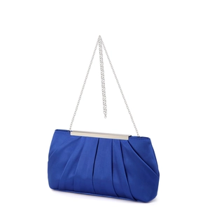 Detail of blue pleated satin evening bag with silver metal frame and chain strap