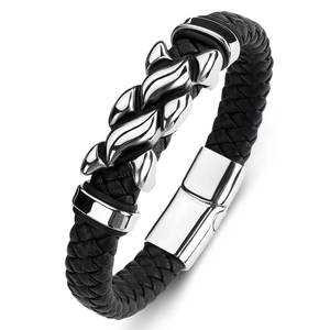 Men's hip hop braided black leather bracelet with polished metal magnetic clasp