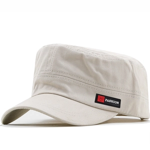 Classic beige flat top military cadet cap with FS FASHION rubber patch logo for outdoors