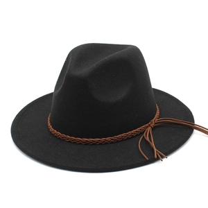 Classic black felt fedora hat with brown braided band and tassel for women autumn style