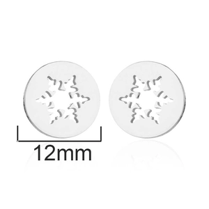 Fashionable 12mm stainless steel hollow snowflake stud earrings in silver finish