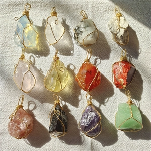 Natural Crystal Raw Stone Pendant Necklace Handcrafted Golden Wire Wrapped Irregular Gemstone Healing Jewelry For Women
