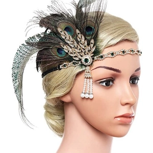 Vintage peacock feather headband with rhinestones for 1920s Gatsby style party look