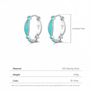 Minimalist S925 sterling silver hoop earrings with mint green enamel and size markings