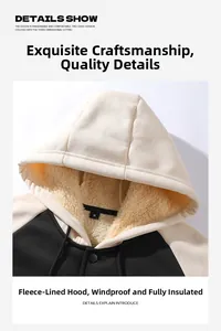 Detail of warm sherpa lining and adjustable drawstring on men's winter hooded jacket
