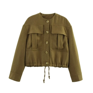 Olive green bomber jacket featuring four front utility pockets and a drawstring hem