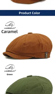 Detail view of newsboy caps in caramel and green with side metal button accents