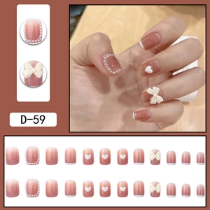 Pink gradient press-on nails set with pearls, 3D bows and heart patterns 24pcs