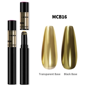 Macro detail of gold chrome nail powder pen showing metallic mirror effect on black base