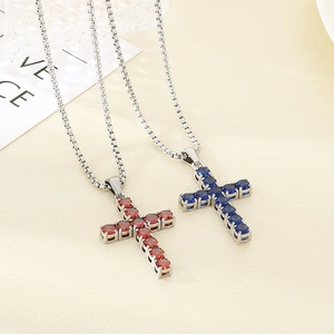 Hip hop tennis necklaces with red and blue crystal cross pendants in silver finish