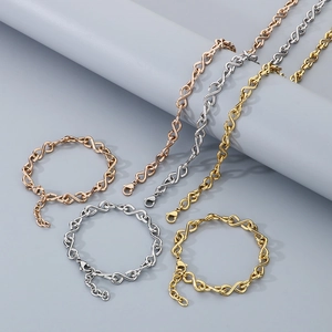 Polished infinity link bracelets and chains in rose gold, silver, and gold finish