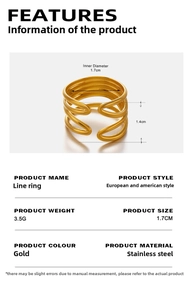 Detail view of 18K gold plated stainless steel multi-layer hollow line ring with measurements