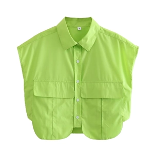Neon green sleeveless crop shirt with lapel collar and large cargo pockets for women