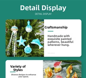 Detail display of sea-themed hand-painted glass Christmas ornaments like jellyfish and starfish