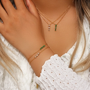 Elegant 18K gold plated jewelry set with green pear-shaped zircon and bamboo pendant