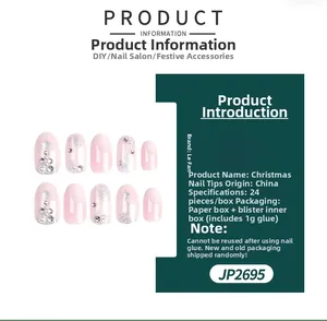 Detailed specs of pink gradient Christmas press on nails with 24 pieces and 1g glue included