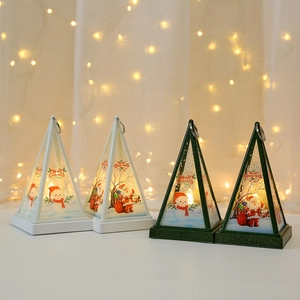 Detail of Christmas lantern with LED candle showing Santa and Snowman motifs