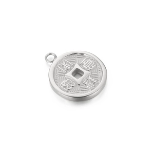 Silver stainless steel lucky coin pendant with traditional openwork relief pattern