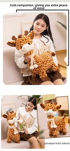 Close-up of cute plush giraffe with striped scarf and soft yellow spotted fur texture