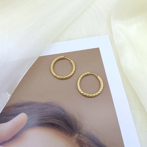 Detailed view of gold titanium steel hoop earrings with textured hammered finish on tulle