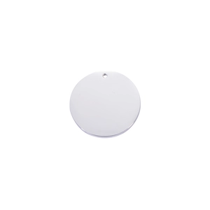 Close-up of polished silver stainless steel round pendant charm with small hole