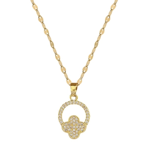 Luxurious titanium steel necklace with gold flower pendant and inlaid crystals on white background