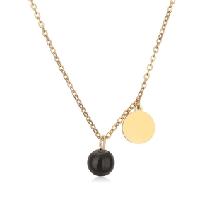 Gold-plated stainless steel necklace with black round bead and flat circular pendant charm