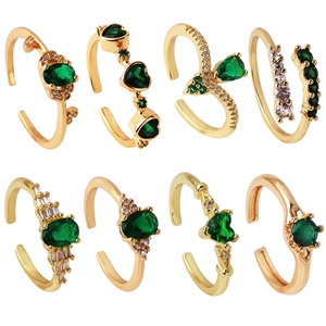 Elegant Retro Emerald Green Heart Oval Zircon Ring Gold Plated Copper Adjustable Open Ring Jewelry For Women