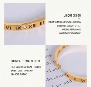 Macro detail of 18K gold plated titanium steel bangle with Roman numerals and zircon
