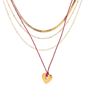 Multilayer titanium steel heart necklace set with red wax rope and gold snake chains