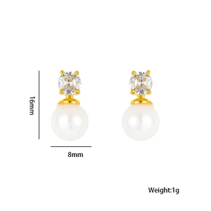 Elegant gold pearl and zircon drop earrings with detailed size and weight measurements