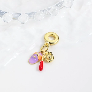 Golden pendant charms featuring purple slipper, red baseball bat and glove with enamel