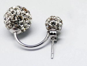 Detailed side view of S925 sterling silver ball stud earrings with shimmering crystals