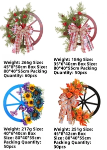 Detail showing four styles of Christmas wheel wreaths with pine cones and berries