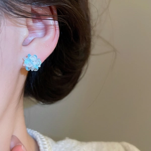 Detail of blue and white crystal flower stud earrings worn on a model's ear