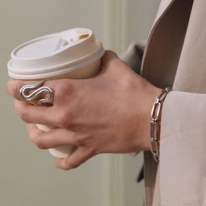 Two-tone minimalist stainless steel open ring and chain bracelet set in silver finish