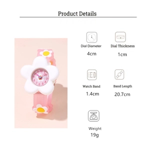 Detailed size specifications and dimensions for the pink floral girl's quartz watch