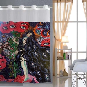 Detail of surrealist eye and star pattern on waterproof double-layer shower curtain