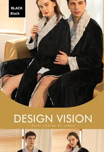 Detail of couple's black flannel bathrobe with gray plush trim and waist tie closure